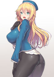 Rule 34 | 10s, 1girl, ass, atago (kancolle), beret, black gloves, black pantyhose, blonde hair, breasts, covered erect nipples, gloves, green eyes, hair between eyes, hat, kantai collection, large breasts, long hair, looking at viewer, looking back, military, military uniform, nagase haruhito, open mouth, pantyhose, simple background, smile, solo, uniform