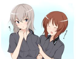 Rule 34 | 2girls, :o, adapted uniform, arm grab, blue eyes, blush, brown hair, clenched hand, commentary, dress shirt, frown, girls und panzer, grey shirt, head tilt, insignia, itsumi erika, kuromorimine school uniform, long hair, long sleeves, looking at another, multiple girls, nama kn, nishizumi miho, open mouth, parted lips, school uniform, shirt, short hair, short sleeves, silver hair, sweat, translated