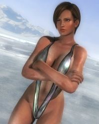 Rule 34 | 1girl, 3d, breasts, brown hair, crossed arms, dark-skinned female, dark skin, dead or alive, dead or alive 5, female focus, glacier, highres, large breasts, lisa hamilton, mountain, official art, screencap, slingshot swimsuit, solo, swimsuit, tecmo