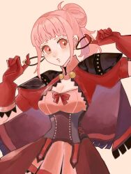 Rule 34 | 1girl, breasts, chimney (chimney0311), cleavage, commentary request, fire emblem, fire emblem: three houses, fire emblem warriors: three hopes, gloves, hair bun, highres, hilda valentine goneril, large breasts, medium hair, nintendo, official alternate costume, official alternate hairstyle, pink hair, ponytail, red eyes, red gloves, simple background, solo, teeth