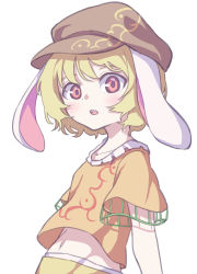 Rule 34 | 1girl, absurdres, animal ears, blonde hair, brown hat, cabbie hat, eyebrows hidden by hair, floppy ears, hat, highres, kame (kamepan44231), looking at viewer, navel, one-hour drawing challenge, open mouth, orange shirt, rabbit ears, red eyes, ringo (touhou), shirt, short hair, short sleeves, simple background, solo, touhou, upper body, white background
