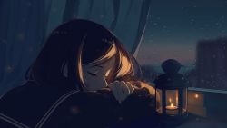 Rule 34 | 1girl, black hair, black shirt, black sky, blouse, caidychen, candle, closed eyes, commentary, crossed arms, curtains, dark, glowing, head rest, highres, indoors, lantern, night, night sky, shirt, sky, sleeping, solo, sparkle, star (sky), starry sky, water drop
