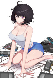 Rule 34 | absurdres, ahoge, antenna hair, bare legs, barefoot, black choker, black hair, black nails, blue shorts, breasts, camisole, choker, cleavage, collarbone, commentary, commission, crossed bangs, dot mouth, feet, full body, highres, large breasts, legs, looking at viewer, mole, mole under eye, nail polish, original, purple eyes, shadow, shiny skin, shirt, short hair, shorts, simple background, sitting, sleeveless, sleeveless shirt, tank top, thighs, toes, videocassette, wariza, white background, white shirt, white tank top, yzr (yzr99)