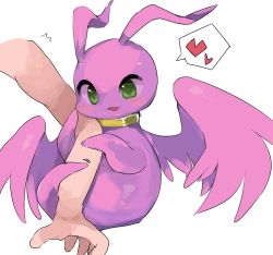 Rule 34 | arm hug, blush, colored skin, cross-eyed, digimon, digimon (creature), faceless, green eyes, heart, highres, marinangemon, non-web source, pink skin, pink wings, smile, solo focus, source request, speech bubble, wings, yellow collar