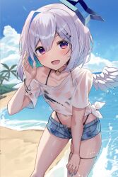 Rule 34 | 1girl, amane kanata, angel, angel wings, bikini, bikini under clothes, black bikini, blue hair, blue nails, blue shorts, blue sky, breasts, cloud, colored inner hair, grey hair, highres, hololive, hopepe, looking at viewer, multicolored hair, nail polish, open mouth, purple eyes, see-through, see-through shirt, shirt, short hair, short shorts, shorts, single hair intake, sky, small breasts, solo, swimsuit, thigh strap, virtual youtuber, water, wet, wet clothes, wet shirt, white shirt, wings