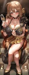 Rule 34 | 1girl, ahoge, alternate costume, anis (nikke), bare shoulders, black dress, blush, breasts, brown hair, check commentary, cloth pull, collarbone, commentary, commentary request, crossed legs, cup, dress, full body, goddess of victory: nikke, hair ornament, highres, himonoata, holding, holding cup, large breasts, long dress, looking at viewer, sitting, solo, yellow eyes