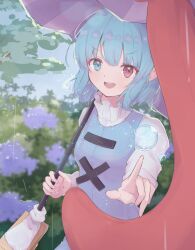 Rule 34 | 1girl, :d, absurdres, blue eyes, blue hair, blue vest, bubble, commentary, cross-laced clothes, flower, heterochromia, highres, holding, holding umbrella, index finger raised, karakasa obake, long sleeves, looking at viewer, matcha yado, open mouth, outdoors, purple umbrella, rain, red eyes, shirt, short hair, smile, solo, tatara kogasa, teeth, tongue, touhou, umbrella, upper teeth only, vest, white shirt