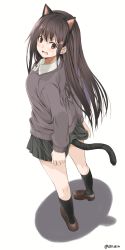 Rule 34 | 1girl, absurdres, amu (258shin), animal ears, black hair, black socks, black skirt, blush, brown eyes, brown footwear, brown sweater, cat ears, cat tail, commentary request, dress shirt, fake animal ears, from above, from behind, full body, hair ornament, hairclip, highres, kneehighs, kneepits, legs apart, long hair, looking at viewer, looking back, open mouth, original, pigeon-toed, pleated skirt, school uniform, shadow, shirt, shoes, simple background, skirt, skirt tug, socks, solo, standing, sweatdrop, sweater, tail, twitter username, white background, white skirt
