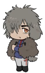 Rule 34 | 1girl, animal ears, black footwear, blue jacket, borrowed character, brown eyes, cape, chibi, closed mouth, dog ears, dog girl, dog tail, fang, frown, full body, fur cape, grey hair, grey pants, hair over one eye, hand up, holding own arm, jacket, lapithai, long sleeves, lowres, original, pants, reverse trap, short hair, simple background, solo, tail, tareme, thick eyebrows, transparent background