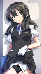 Rule 34 | 1girl, 547th sy, black hair, black panties, black skirt, black vest, blue ribbon, blush, breasts, closed mouth, clothes lift, dated, gloves, hair between eyes, hair ornament, hairclip, highres, holding, kantai collection, lifting own clothes, long hair, neck ribbon, oyashio (kancolle), panties, ribbon, shirt, signature, skirt, skirt lift, small breasts, solo, underwear, vest, white gloves, white shirt, yellow eyes