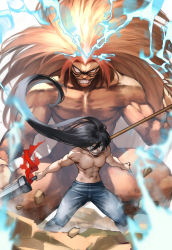 Rule 34 | 2boys, abs, aotsuki ushio, beast spear, black hair, denim, electricity, feet out of frame, fighting stance, grin, highres, holding, holding polearm, holding weapon, jeans, long hair, looking at viewer, male focus, monster boy, multiple boys, muscular, muscular male, navel, orange hair, pants, pectorals, polearm, smile, standing, topless male, tora (ushio to tora), ushio to tora, very long hair, weapon, yoshio (55level)