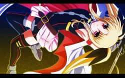Rule 34 | 00s, 1girl, arched back, armpits, bardiche (nanoha), blonde hair, cape, fate testarossa, fate testarossa (blaze form), hair ribbon, highres, letterboxed, looking at viewer, lyrical nanoha, mahou shoujo lyrical nanoha, red eyes, ribbon, smile, solo, tappa (esperanza), thighhighs, twintails, upside-down