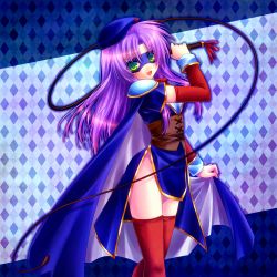 Rule 34 | 1girl, bad id, bad pixiv id, beret, blue mage, cape, detached sleeves, dominatrix, domino mask, faris scherwiz, female focus, final fantasy, final fantasy v, green eyes, hat, legs, long hair, mask, minatosaiga, no panties, open mouth, parody, purple hair, red thighhighs, shoulder pads, solo, thighhighs, thighs, whip