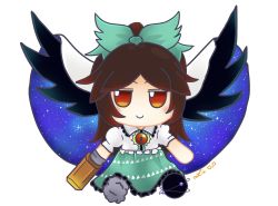 Rule 34 | 1girl, arm cannon, artist name, asymmetrical footwear, bird wings, black footwear, black hair, black wings, blouse, bow, cape, center frills, closed mouth, collared shirt, frills, full body, fumo (doll), green bow, green skirt, hair bow, highres, lis (lislisette), long hair, looking at viewer, mismatched footwear, puffy short sleeves, puffy sleeves, red eyes, reiuji utsuho, shirt, short sleeves, signature, simple background, skirt, smile, solo, starry sky print, third eye, tokiame (style), touhou, triangle print, weapon, white background, white cape, white shirt, wings