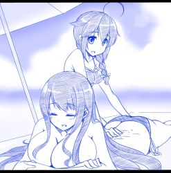 Rule 34 | 10s, 2girls, ass, braid, breasts, butt crack, fusou (kancolle), gradient background, kantai collection, kuon (nokokopopo), large breasts, monochrome, multiple girls, shigure (kancolle), swimsuit, topless