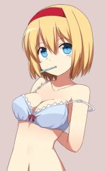 Rule 34 | 1girl, adjusting bra, adjusting clothes, alice margatroid, arms behind back, bad id, bad pixiv id, blonde hair, blue eyes, bow, bra, breasts, cleavage, collarbone, commentary request, enushi (toho193), frilled bra, frilled underwear, frills, hair between eyes, hairband, highres, looking at viewer, md5 mismatch, mouth hold, navel, purple background, red bow, red hairband, resolution mismatch, short hair, sideboob, simple background, solo, strap slip, touhou, underwear, underwear only, undressing, upper body, white bra