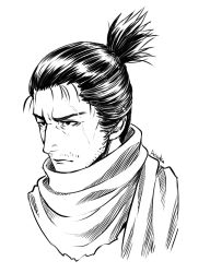 Rule 34 | 1boy, arizuka (catacombe), artist name, commentary request, facial hair, greyscale, highres, male focus, monochrome, ponytail, portrait, scar, scarf, sekiro, sekiro: shadows die twice, short hair, simple background, solo, white background