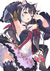 Rule 34 | 1girl, animal ear fluff, animal ears, armpits, arms up, bare shoulders, black hair, black legwear, blush, breasts, brooch, cat ears, cat girl, cat tail, clothing cutout, commentary request, detached sleeves, fang, green eyes, hair between eyes, hayashi kewi, highres, jewelry, karyl (princess connect!), long hair, looking at viewer, low twintails, multicolored hair, navel, navel cutout, one eye closed, open mouth, princess connect!, simple background, solo, streaked hair, tail, tears, twintails, very long hair, white background, white hair, yawning