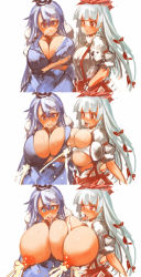 Rule 34 | 2girls, alternate breast size, breast expansion, breasts, covered erect nipples, fujiwara no mokou, highres, huge breasts, kamishirasawa keine, lactation, lactation through clothes, multiple girls, nipples, sachito, sequential, touhou