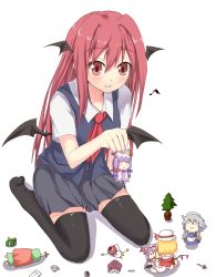 Rule 34 | 1girl, :3, bad id, bad pixiv id, bat wings, black thighhighs, blonde hair, blush, book, character doll, chibi, cup, efe, embodiment of scarlet devil, face, female focus, flandre scarlet, gift, head wings, holding, holding gift, hong meiling, izayoi sakuya, knife, koakuma, komeiji satori, long hair, maid, maid headdress, musical note, necktie, patchouli knowledge, purple hair, red eyes, red hair, remilia scarlet, silver hair, sitting, skirt, smile, solo, teacup, thighhighs, touhou, toy, vest, wariza, wings, yin yang, zettai ryouiki