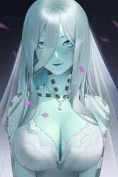 Rule 34 | 1girl, absurdres, aqua eyes, aqua skin, bare shoulders, blush, boonie baby, borrowed character, breasts, bridal veil, bride, cleavage, closed mouth, commentary, dress, fangs, glasgow smile, hair between eyes, hair over one eye, highres, ivy (sparrowl), jewelry, lamia, large breasts, lips, long hair, looking at viewer, monster girl, necklace, original, petals, sidelocks, slit pupils, smile, solo, symbol-only commentary, upper body, veil, wedding dress, white dress, white hair