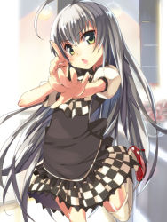 Rule 34 | 1girl, ahoge, bad id, bad pixiv id, checkered clothes, checkered skirt, dress, green eyes, grey hair, haiyore! nyaruko-san, high heels, highres, long hair, nyarlathotep (nyaruko-san), open mouth, outstretched hand, shoes, skirt, solo, standing, standing on one leg, thighhighs, umeboshitora, white thighhighs