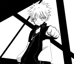 Rule 34 | &gt;:), 1boy, anzu (o6v6o), clenched hand, crystal, facial mark, greyscale, jacket, jewelry, long sleeves, looking at viewer, male focus, monochrome, naruto (series), necklace, outstretched arm, pendant, shirt, solo, spiked hair, upper body, uzumaki naruto, v-shaped eyebrows, whisker markings
