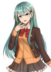 Rule 34 | 10s, 1girl, :d, aidesa, aqua eyes, aqua hair, ascot, bad id, bad pixiv id, black skirt, blush, bow, bowtie, brown jacket, cardigan, cowboy shot, frilled skirt, frills, hair between eyes, hair ornament, hairclip, jacket, kantai collection, long hair, long sleeves, looking at viewer, open clothes, open jacket, open mouth, pleated skirt, red bow, red bowtie, school uniform, skirt, smile, solo, suzuya (kancolle)