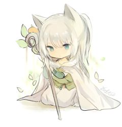 Rule 34 | 1girl, animal ears, blue eyes, cape, cat ears, chibi, closed mouth, copyright request, expressionless, food, fruit, full body, gloves, green gloves, grey hair, holding, holding staff, japanese clothes, kimono, leaf, long hair, looking away, looking down, lpip, mandarin orange, original, ponytail, seiza, signature, simple background, sitting, solo, staff, white cape, white kimono