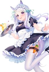 Rule 34 | 1girl, animal ears, apron, belt, black dress, blush, breasts, carrot, commentary request, cream, dress, food, frilled hairband, frills, hairband, high heels, highres, holding, holding tray, horse ears, horse girl, horse tail, long hair, looking at viewer, mejiro mcqueen (umamusume), mikazuki mika, open mouth, petticoat, pudding, puffy short sleeves, puffy sleeves, purple eyes, purple hair, short sleeves, simple background, small breasts, solo, sweatdrop, tail, thighhighs, tray, umamusume, waist apron, white background, white thighhighs, wrist cuffs