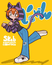 1girl animal_ears artist_name bell-bottoms black_hoodie cat_ears cat_girl cat_tail commission denim facing_to_the_side foot_up full_body green_eyes hood hoodie jeans leaning_forward looking_at_viewer norixio original pants paw_pose purple_hoodie purple_tail red_hair shoes skeb_commission smile sneakers solo standing standing_on_one_leg striped_clothes striped_hoodie tail torn_clothes torn_jeans torn_pants white_footwear yellow_background