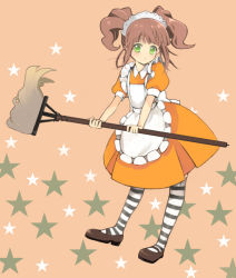 Rule 34 | 00s, 1girl, apron, broom, brown hair, caterpillar (artist), child, female focus, frills, full body, green eyes, hairband, idolmaster, idolmaster (classic), idolmaster 1, maid, maid apron, maid fairy tale, shiratama shima, skirt, solo, star (symbol), striped clothes, striped thighhighs, takatsuki yayoi, thighhighs, twintails
