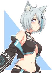 Rule 34 | 1girl, absurdres, ahoge, animal ear fluff, animal ears, animare, armpit crease, black choker, black jacket, black panties, black shirt, blue background, blue eyes, blue hair, blush, breasts, cat ears, choker, commentary, crop top, cropped jacket, earpiece, eyelashes, eyes visible through hair, fuusuke (fusuke208), hair between eyes, highleg, highleg panties, highres, jacket, light blue hair, looking at viewer, medium breasts, multicolored hair, nanashi inc., navel, off shoulder, open clothes, open jacket, open mouth, outline, panties, shirt, short hair, silver hair, simple background, sleeveless, solo, souya ichika, souya ichika (4th costume), stomach, streaked hair, twitter username, two-tone hair, underboob, underwear, upper body, virtual youtuber, white background