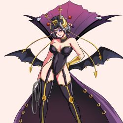 Rule 34 | 1girl, adapted costume, bare arms, bare shoulders, black choker, black hair, black leotard, blush, bracer, breasts, choker, closed mouth, demon, demon girl, demon wings, digimon, digimon (creature), eyeshadow, fallen angel, female focus, gattai lilithmon, half-closed eyes, head tilt, large breasts, leotard, lilithmon, lips, lipstick, looking at viewer, makeup, mark of evil, neck, pink background, pointy ears, purple lips, short hair, simple background, smile, solo, standing, strapless, strapless leotard, wings