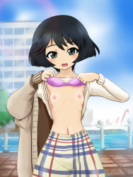 Rule 34 | 10s, 1girl, black eyes, black hair, blue skirt, blue sky, blurry, blurry background, bra, bra lift, breasts, brown jacket, casual, clothes lift, cloud, cloudy sky, cowboy shot, day, flashing, girls und panzer, head tilt, highres, jacket, lifted by self, long sleeves, looking at viewer, medium skirt, misakichi (fechisupi777), multicolored clothes, multicolored skirt, navel, nipples, off shoulder, open mouth, outdoors, plaid, plaid skirt, purple bra, shirt, shirt lift, short hair, skirt, sky, small breasts, smile, solo, standing, underwear, utsugi yuuki, white shirt, yellow skirt