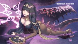 Rule 34 | 1girl, ass, black nails, blunt bangs, bodystocking, book, breasts, cape, cleavage, dragon, extra eyes, eyes of grima, fire emblem, fire emblem awakening, fujii eishun, grima (fire emblem), highres, horns, intelligent systems, large breasts, mark of grima, monster, nintendo, tharja (fire emblem), thighlet, tiara