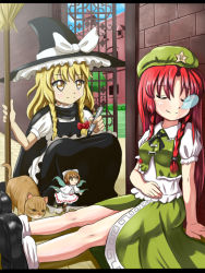 Rule 34 | 3girls, against wall, apron, bad id, bad pixiv id, blonde hair, braid, breasts, broom, cape, cat, chinese clothes, fairy, gate, grass, hat, hat ribbon, hong meiling, kirisame marisa, long hair, looking at another, marker, medium breasts, mini person, minigirl, multiple girls, nose bubble, outdoors, red hair, ribbon, scarlet devil mansion, short sleeves, sitting, skirt, skirt set, sleeping, smile, squatting, star (symbol), tonakai (bunsuka), touhou, twin braids, waist apron, witch hat, yellow eyes