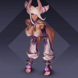 Rule 34 | 3d, adapted costume, alternate eye color, animated, ass, ass cutout, asymmetrical bangs, baggy pants, barefoot, bracelet, breasts, butt clench, chaps, cleavage, clothing cutout, cosplay, dark-skinned female, dark skin, elbow gloves, full body, gloves, hair horns, han juri, han juri (cosplay), hands on own thighs, jewelry, large breasts, leaning forward, lips, mirko, multiple views, muscular, muscular ass, muscular female, muscular legs, o-ring, pants, pear force one, purple eyes, purple gloves, rabbit ears, rabbit tail, revealing clothes, simple background, spiked anklet, spiked bracelet, spikes, street fighter, street fighter iv (series), thick thighs, thighs, tiptoes, toeless legwear, turnaround, video