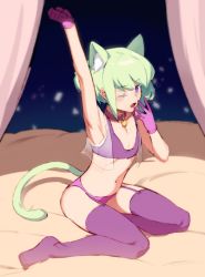 Rule 34 | animal ears, bed, bra, cat boy, cat ears, cat tail, collar, garter straps, gloves, green hair, highres, lio fotia, male focus, one eye closed, open mouth, panties, purple bra, purple eyes, purple legwear, purple panties, tagme, tail, thighhighs, trap, underwear, yawning