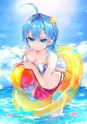 Rule 34 | 1girl, :&lt;, ahoge, bad id, bad twitter id, ball, beachball, bikini, bikini top only, blue hair, breasts, cleavage, closed mouth, cloud, collarbone, day, flower, gart, hair between eyes, hair flower, hair intakes, hair ornament, halterneck, holding, innertube, large breasts, leaning forward, microskirt, name (oiuio), outdoors, partially submerged, pink skirt, pleated skirt, skirt, sky, solo, sparkle, star (symbol), star hair ornament, striped bikini, striped bikini top, striped clothes, swim ring, swimsuit, sword girls, tsurime, wading, water