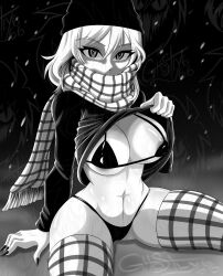 Rule 34 | 1girl, absurdres, ai-generated art (topic), areola slip, artist name, bikini, bikini under clothes, black bikini, black dress, black headwear, black nails, borrowed character, breasts, character request, cleavage, clothes lift, covered mouth, dress, dress lift, ghostly666, greyscale, hair between eyes, highres, large breasts, looking at viewer, monochrome, navel, original, plaid, plaid legwear, plaid scarf, scarf, shadow, sitting, skindentation, snowing, solo, swimsuit, thighhighs, troll face, white hair