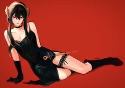 Rule 34 | 1girl, absurdres, anna (anta baka00), arm support, bare shoulders, black choker, black dress, black footwear, black gloves, black hair, boots, bridal garter, choker, closed mouth, collarbone, dagger, dress, eyebrows, female focus, flower, full body, gloves, gold hairband, hair between eyes, hair flower, hair ornament, hairband, highres, holding, holding dagger, holding knife, holding weapon, knee boots, knife, lace, leg ribbon, lips, looking at viewer, lying, red background, red eyes, ribbon, short hair, short hair with long locks, sidelocks, signature, simple background, solo, spy x family, thigh ribbon, thigh strap, thighs, weapon, yor briar