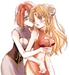 Rule 34 | 00s, 2girls, :o, bad id, bad pixiv id, blonde hair, blush, breast lift, breasts, broccoli (company), cleavage, cleavage cutout, clothing cutout, dress, forte stollen, galaxy angel, green eyes, hug, hug from behind, looking away, medium breasts, multiple girls, navel, navel cutout, open mouth, purple dress, ranpha franboise, simple background, surprised, white background