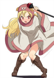 Rule 34 | 1girl, animal ears, blonde hair, blush, boots, covering privates, dog ears, dragon quest, dragon quest ii, full body, hood, hyakuen raitaa, long hair, open mouth, princess of moonbrook, red eyes, sketch, solo, staff, wide sleeves