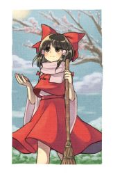 Rule 34 | 1girl, bad id, bad twitter id, black eyes, black hair, blush, bow, broom, cherry blossoms, closed mouth, cloud, commentary request, day, hair bow, hair tubes, hakurei reimu, hands up, highres, looking up, outdoors, red bow, red skirt, red vest, sasa kichi, scan, skirt, smile, solo, touhou, traditional media, tree, vest