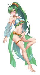 Rule 34 | 1girl, absurdres, alternate costume, armpits, bare legs, bare shoulders, barefoot, blush, breasts, covered erect nipples, dancer, detached sleeves, earrings, feet, female focus, fire emblem, fire emblem: the blazing blade, fire emblem heroes, full body, green eyes, green hair, harem outfit, heart, heart-shaped pupils, highres, jewelry, long hair, looking at viewer, lyn (fire emblem), matching hair/eyes, medium breasts, midriff, navel, navel piercing, nez-box, nintendo, open mouth, panties, pelvic curtain, piercing, ponytail, see-through, slave, solo, symbol-shaped pupils, thighlet, toes, underboob, underwear, veil, very long hair, white background, white panties