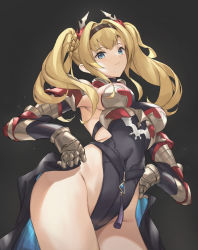 Rule 34 | 1girl, armor, black leotard, blonde hair, blue eyes, blush, breasts, cape, covered navel, granblue fantasy, hair intakes, hairband, highleg, highleg leotard, highres, large breasts, leotard, long hair, looking at viewer, parfaitlate, red armor, sidelocks, smile, solo, thighs, twintails, zeta (granblue fantasy)