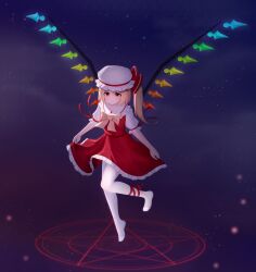 Rule 34 | 1girl, absurdres, arms at sides, blonde hair, blush, bow, chinese commentary, closed mouth, commentary, crystal, flandre scarlet, frilled shirt collar, frilled skirt, frills, full body, hair bow, hat, highres, knees together feet apart, leg ribbon, long hair, magic circle, mob cap, nitronn (nitrun), no shoes, pantyhose, puffy short sleeves, puffy sleeves, rainbow order, red bow, red eyes, red ribbon, red skirt, red vest, ribbon, shirt, short sleeves, side ponytail, sidelighting, simple background, skirt, skirt hold, smile, solo, split mouth, standing, standing on one leg, touhou, vest, white hat, white pantyhose, white shirt, wings, yellow bow