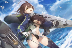 Rule 34 | 1girl, :d, ahoge, azur lane, baltimore (azur lane), bird, black thighhighs, braid, breasts, brown hair, cannon, center opening, cloud, covered erect nipples, cruel gz, day, gloves, highres, holding, hood, hood down, large breasts, long sleeves, looking at viewer, machinery, navel, ocean, open mouth, outdoors, short hair, shrug (clothing), smile, solo, stomach, thighhighs, thighs, torn clothes, turret, water, white gloves, yellow eyes