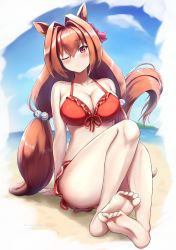 Rule 34 | 1girl, absurdres, amano kusatsu, animal ears, arm support, bare shoulders, barefoot, beach, bikini, blue sky, blush, bow, breasts, cleavage, collarbone, commentary request, daiwa scarlet (trifle vacation) (umamusume), daiwa scarlet (umamusume), day, dot nose, fang, female focus, front-tie bikini top, front-tie top, hair between eyes, hair bow, hair intakes, highres, horse ears, horse girl, horse tail, large breasts, long hair, looking at viewer, low twintails, ocean, official alternate costume, one eye closed, outdoors, red bikini, red bow, sitting, sky, soles, solo, swimsuit, tail, toenails, toes, twintails, umamusume, very long hair, wavy mouth